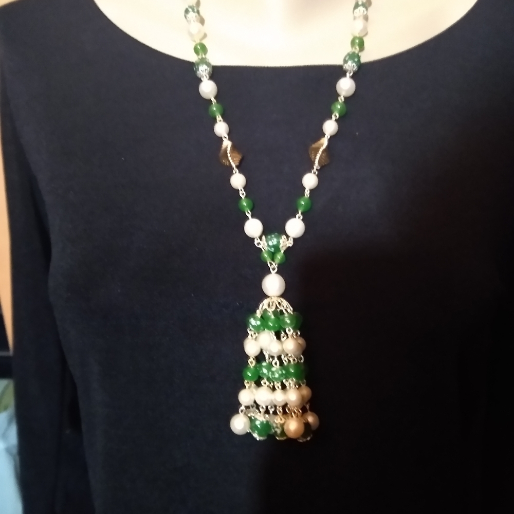 Vintage Pearls Green Beads and Gold Tassel Necklace